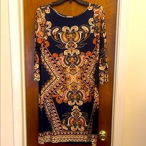 Elegant Navy and Orange 3/4th Sleeve Patterned Dress